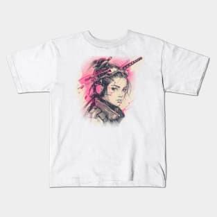 Samurai Girl Pink Cyber Sketch Art Kids T-Shirt